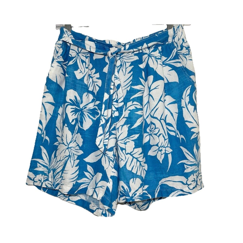 Margaritaville 100% Linen Tropical Floral Pull On Shorts Blue White Pockets S